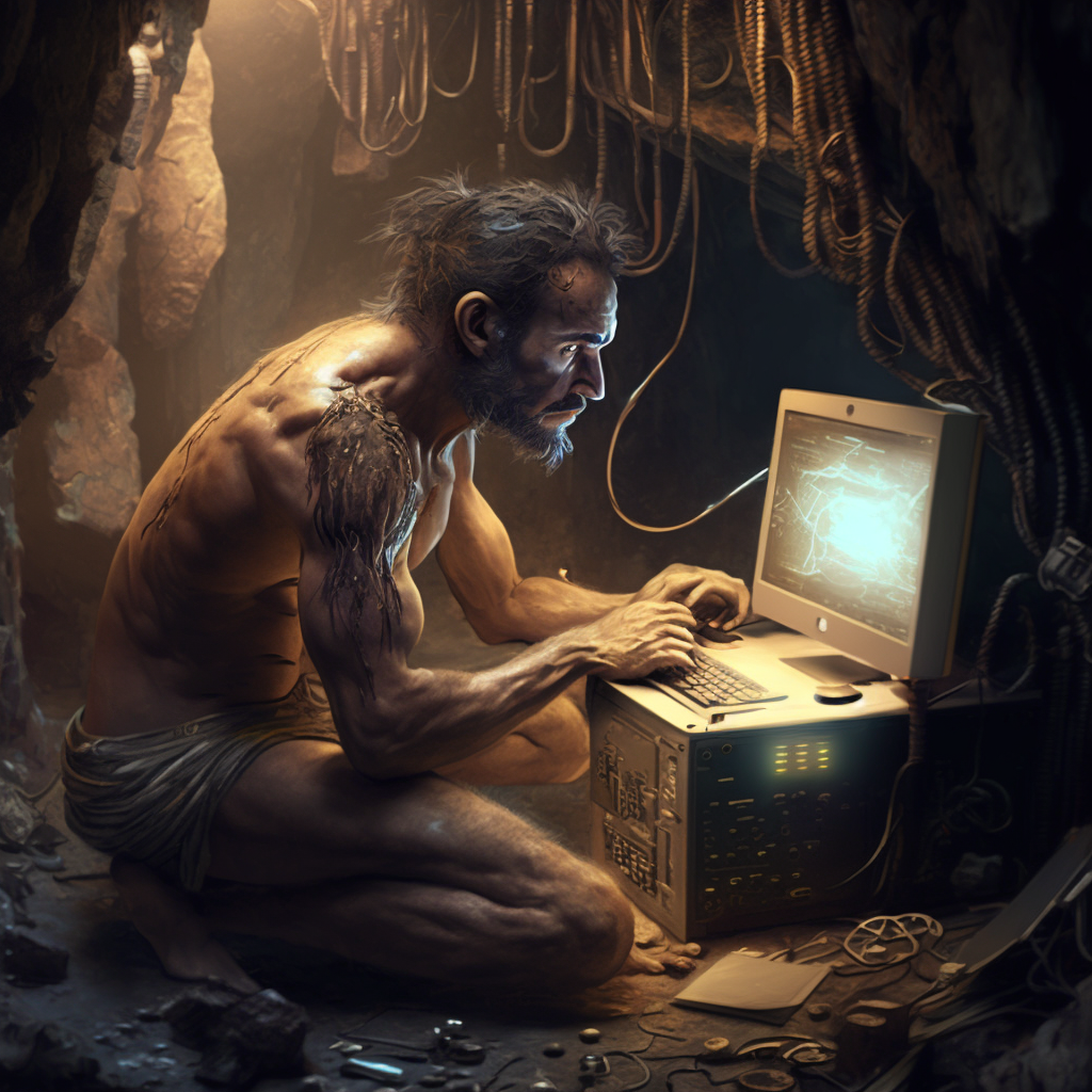 (Generado por Midjourney con el prompt: "a prehistoric man using a computer server in a cave crowded with gold and coins. photorealistic")