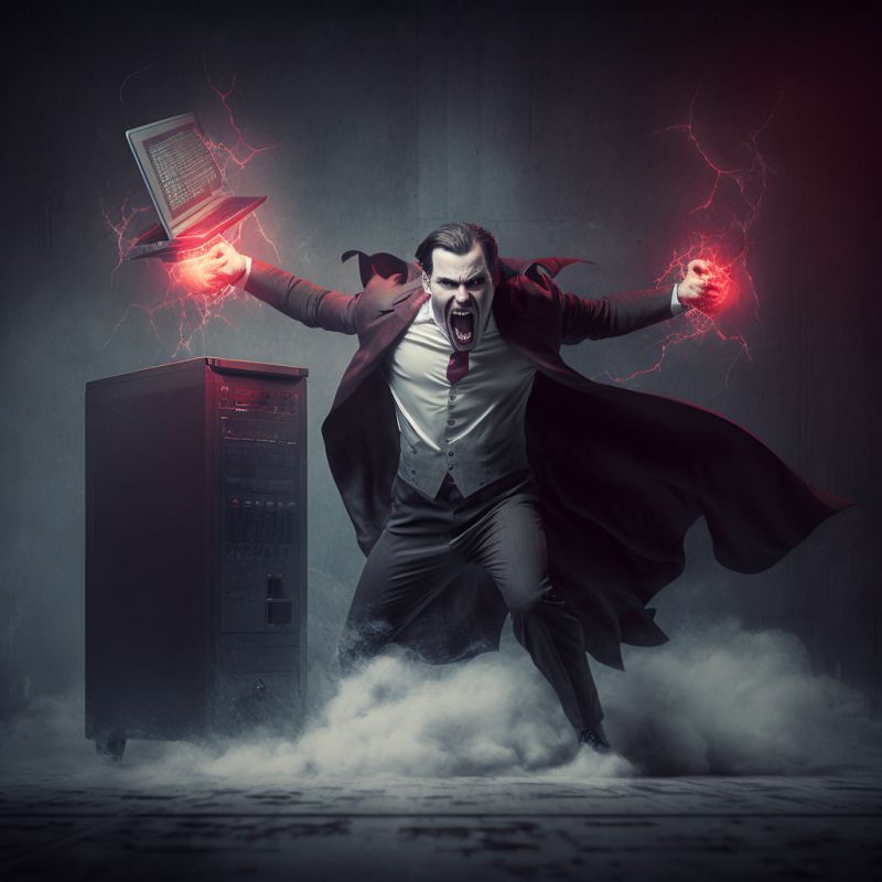 (Generado por Midjourney con el prompt: "full body dracula attacking a computer servers. realistic, cinematic shot, gothic, high resolution")